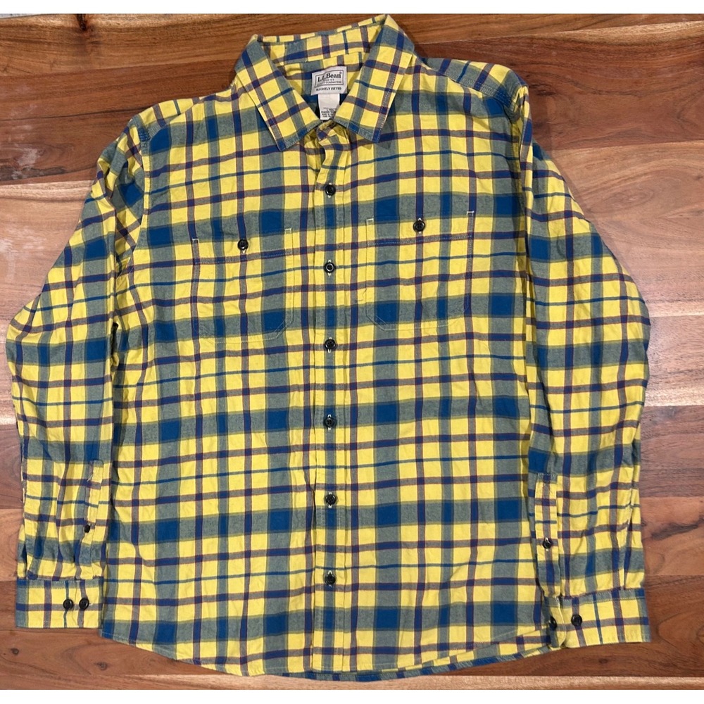 LL Bean Mens Flannel Shirt Large Yellow Blue Plaid Slightly Fitted Cotton 513825